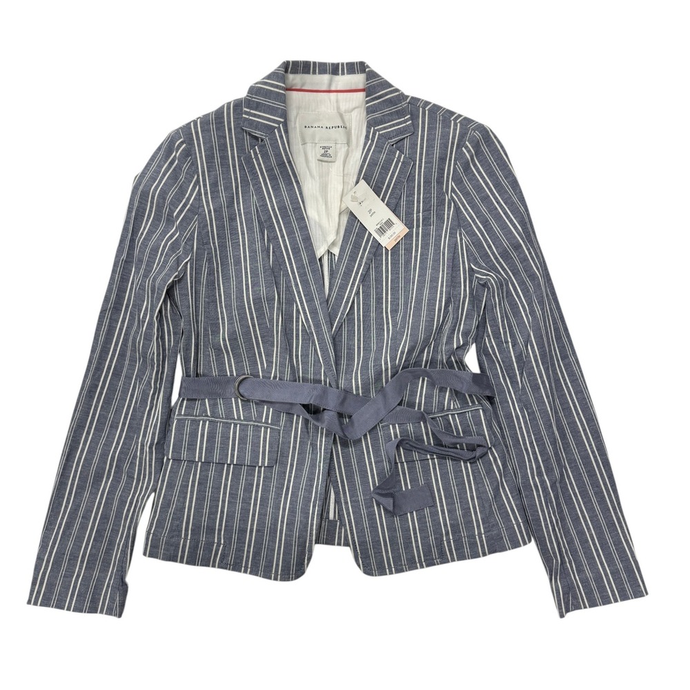 Banana Republic Blue‎ White Striped Belted Blazer Jacket 2P Petite NWT Womens